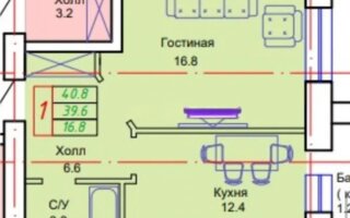 Продажа 1-комнатной квартиры, 40.8 м²