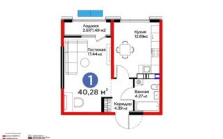 Продажа 1-комнатной квартиры, 40.28 м²