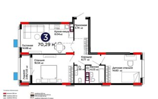 Продажа 3-комнатной квартиры, 70.29 м²