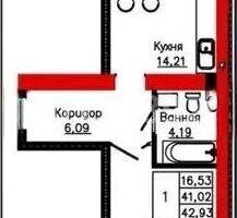 Продажа 1-комнатной квартиры, 42.93 м²