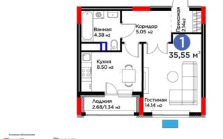 Продажа 1-комнатной квартиры, 35.5 м²