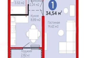 Продажа 1-комнатной квартиры, 34.54 м²