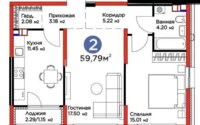 Продажа 2-комнатной квартиры, 59.79 м² в Алматы